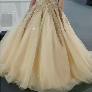 Strapless Gold Ball Gown Dress with Lace Appliqué Quinceañera Dress